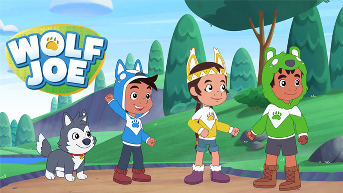 A still from the TV show Wolf Joe. It features three children and a dog in the outdoors.