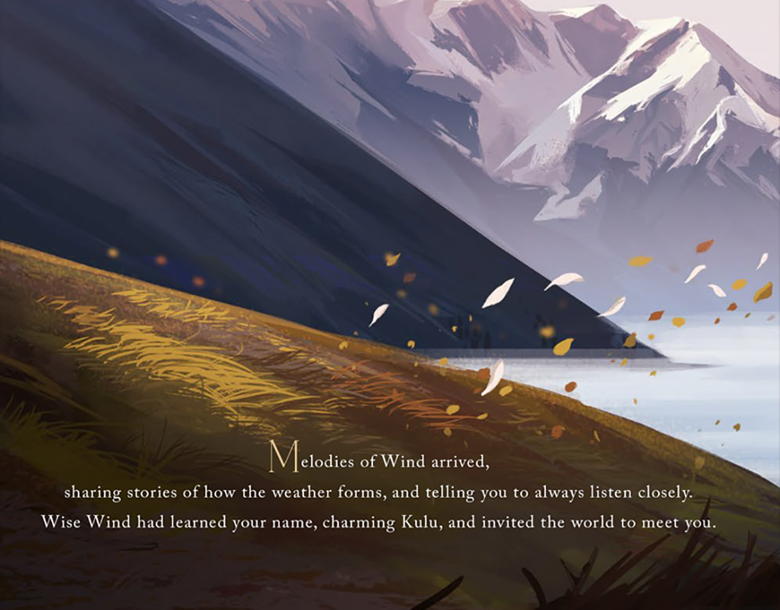 Some leaves and a field blowing in the wind. There are mountains in the background.