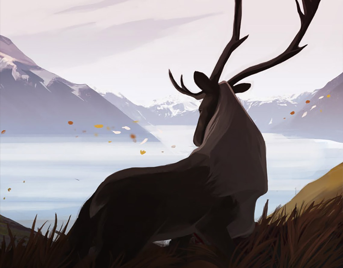 A deer gazing at a body of water and mountains while leaves blow in the wind.