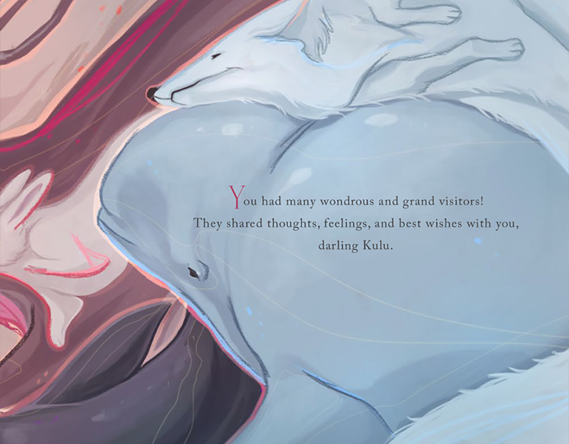 A fox and a beluga whale visit a baby.