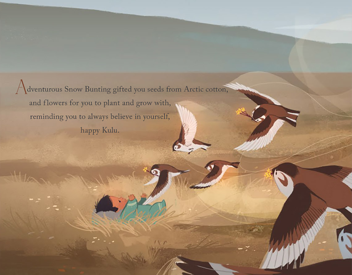 A flock of snow buntings bring flowers to a baby.