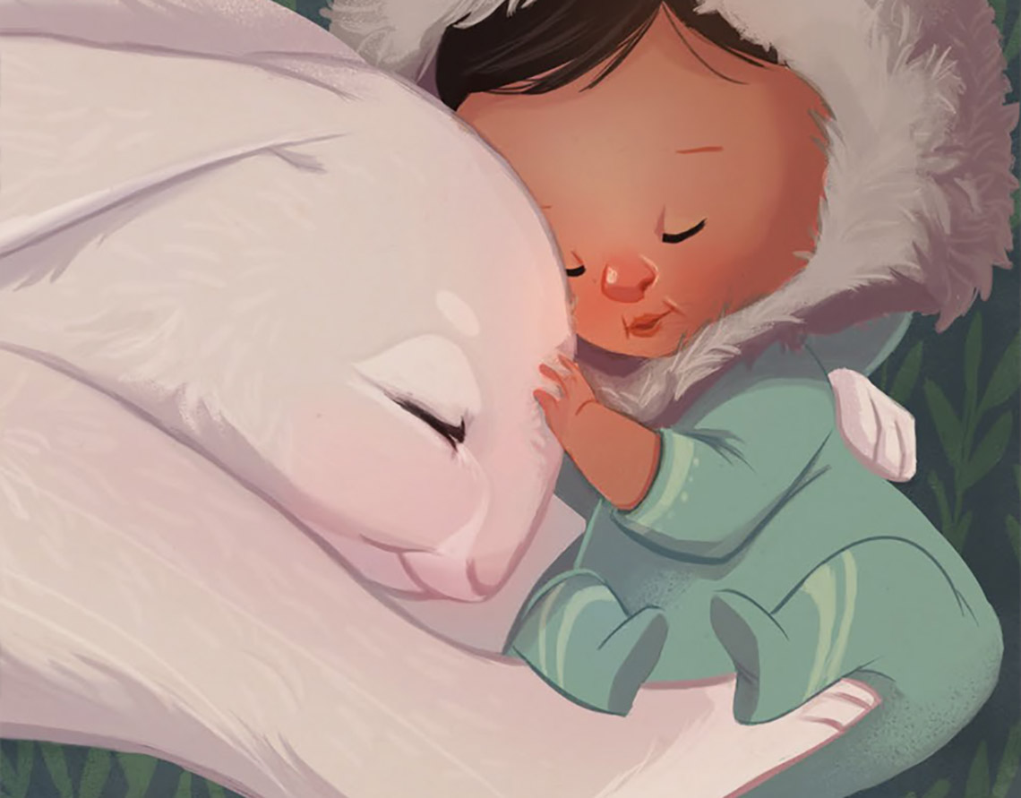 An Arctic hare cuddling a baby.