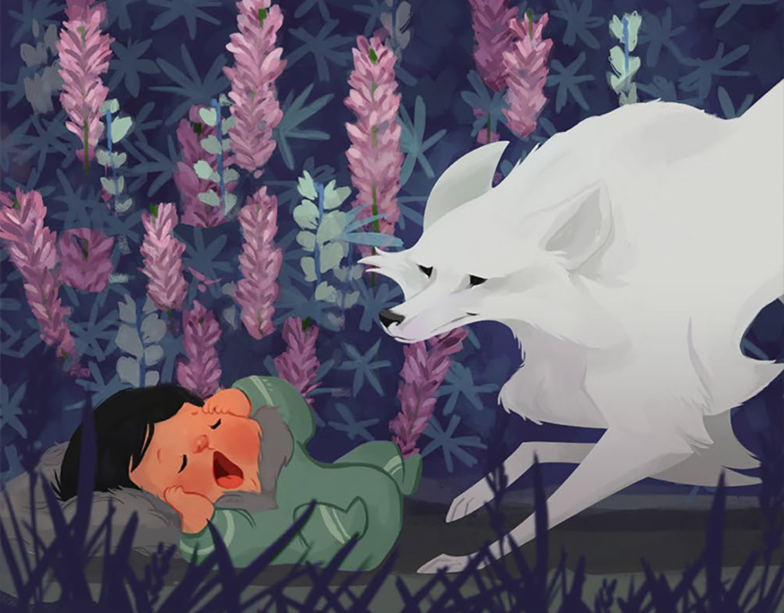 A baby yawns while being visted by a fox.