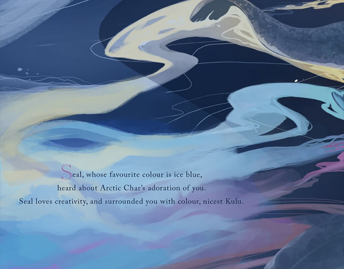 A close-up of a seal's tail surrounded by swirling colours.
