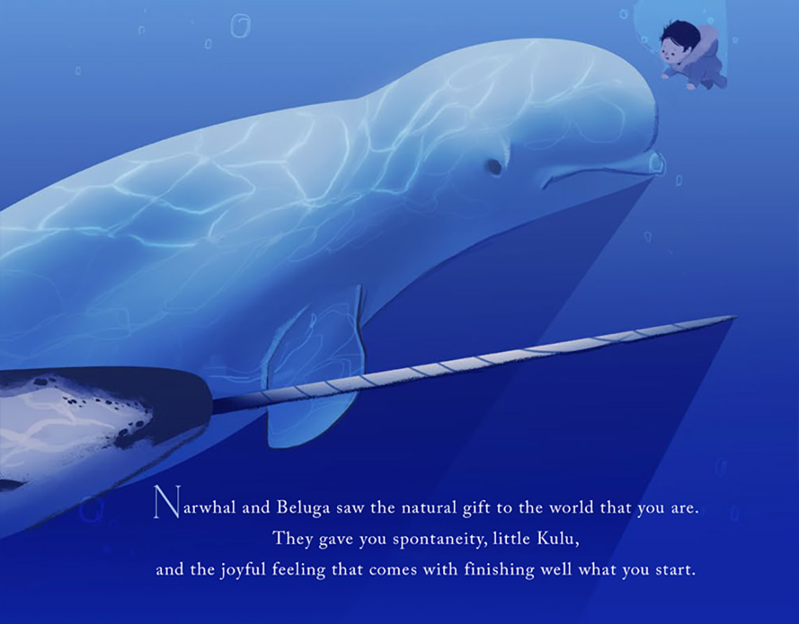 A beluga whale and a narwhal visiting a baby underwater.
