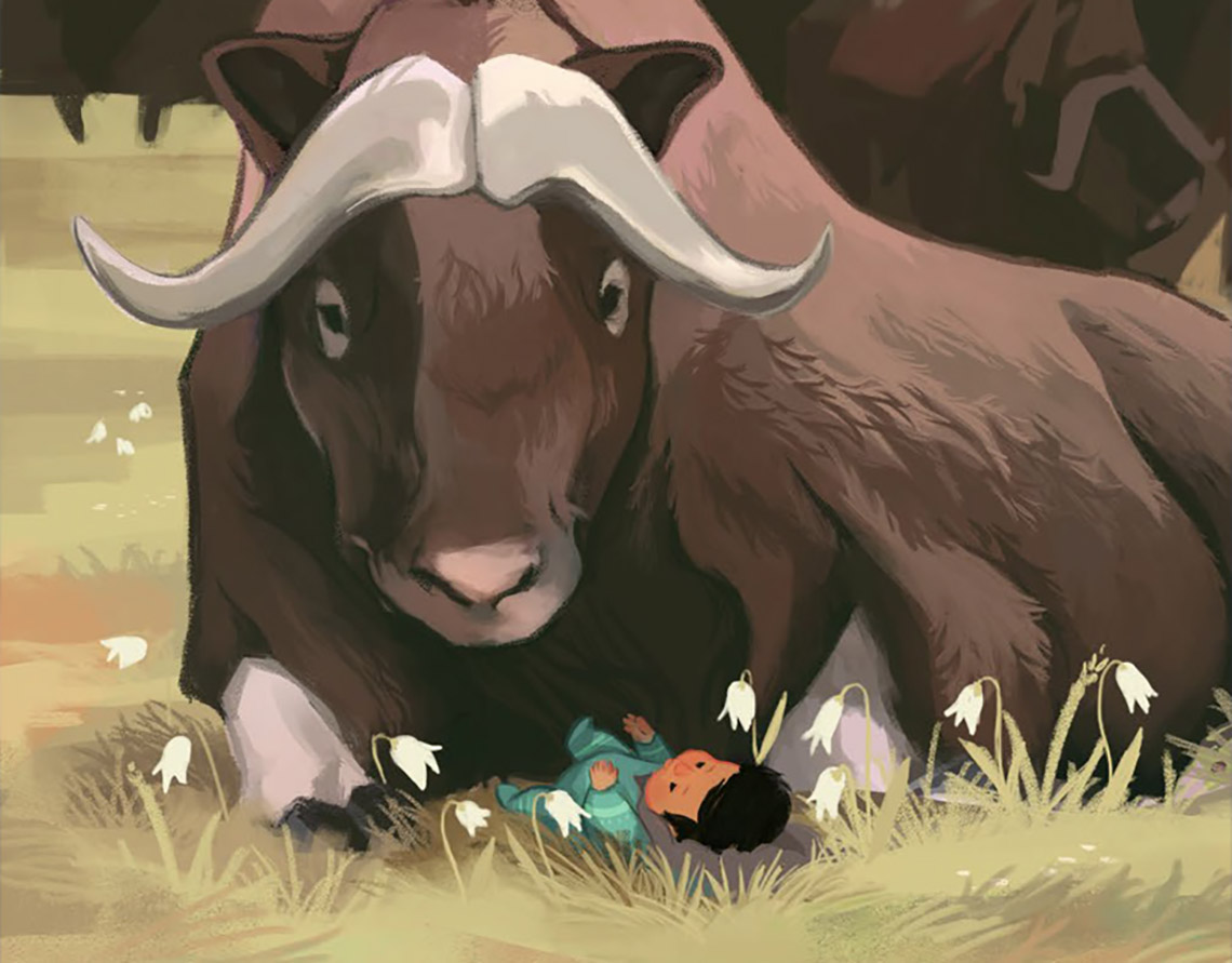 A muskox sits with a baby in a field.