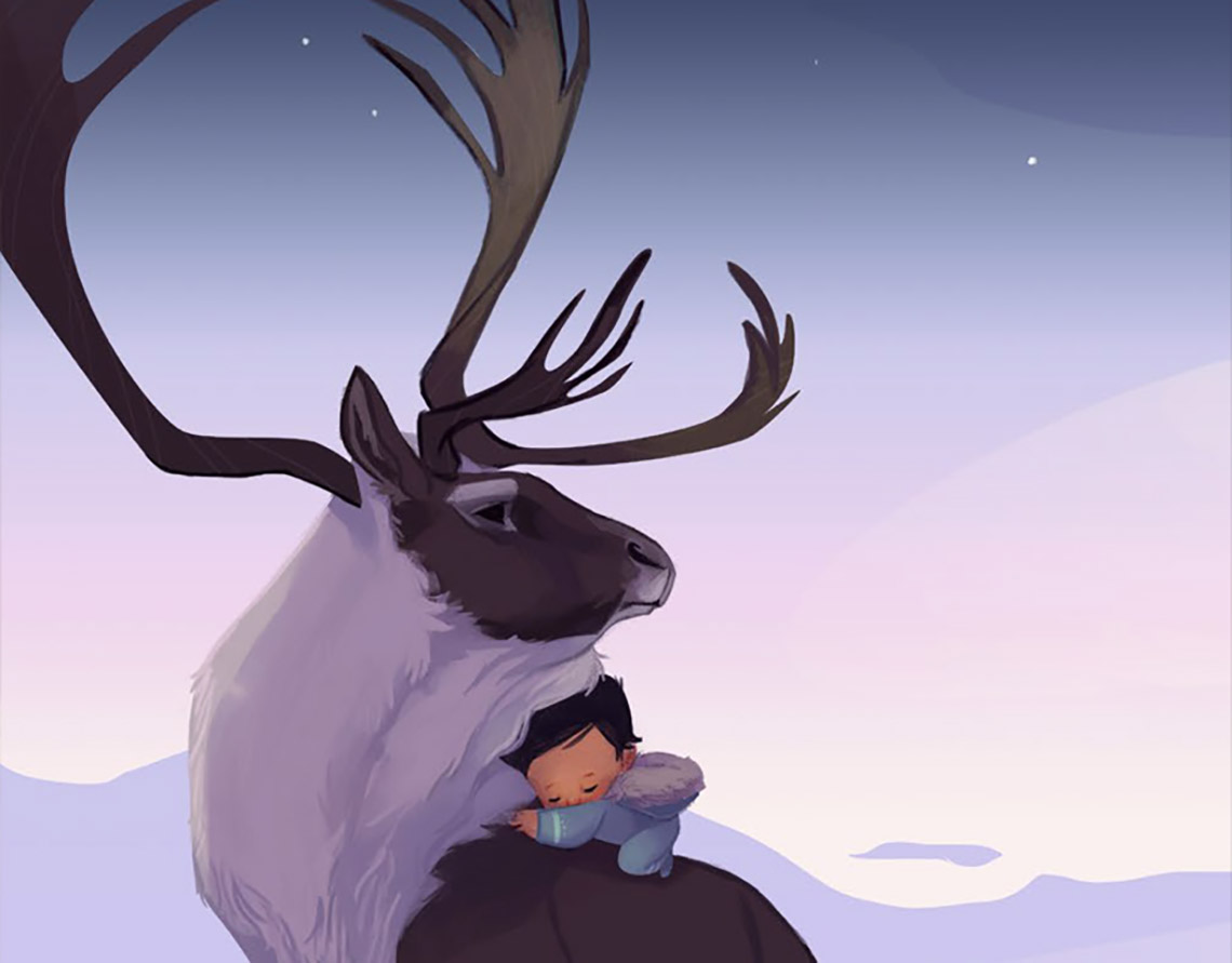 A baby sits on the back of a caribou.