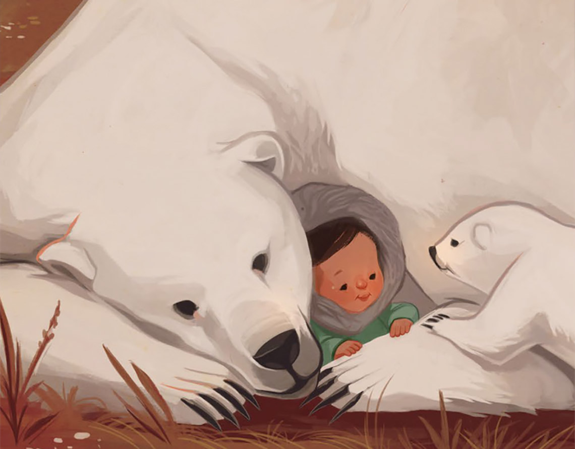 A baby cuddles with an adult polar bear while being visited by a baby polar bear.