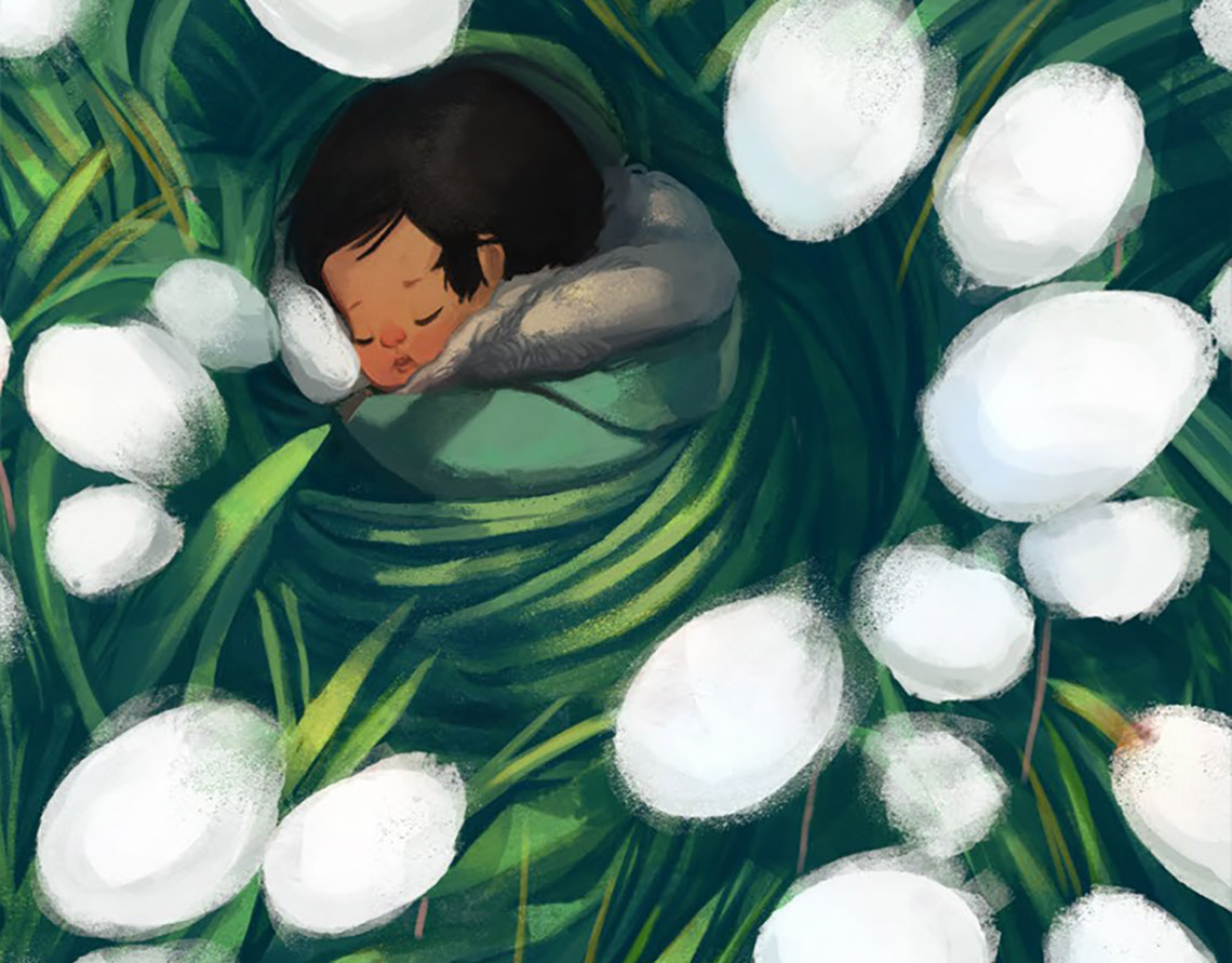 A swaddled baby in the grass surrounded by Arctic cotton.