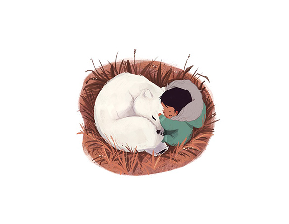Kulu sleeping with a baby polar bear cub.