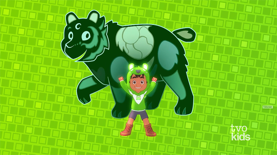 Buddy is a child dressed as a bear and he is with his Bear Spirit, who looks like a large bear