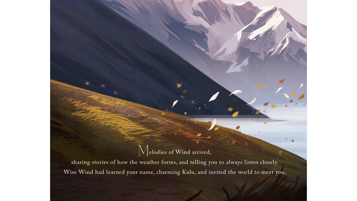 Some leaves and a field blowing in the wind. There are mountains in the background.