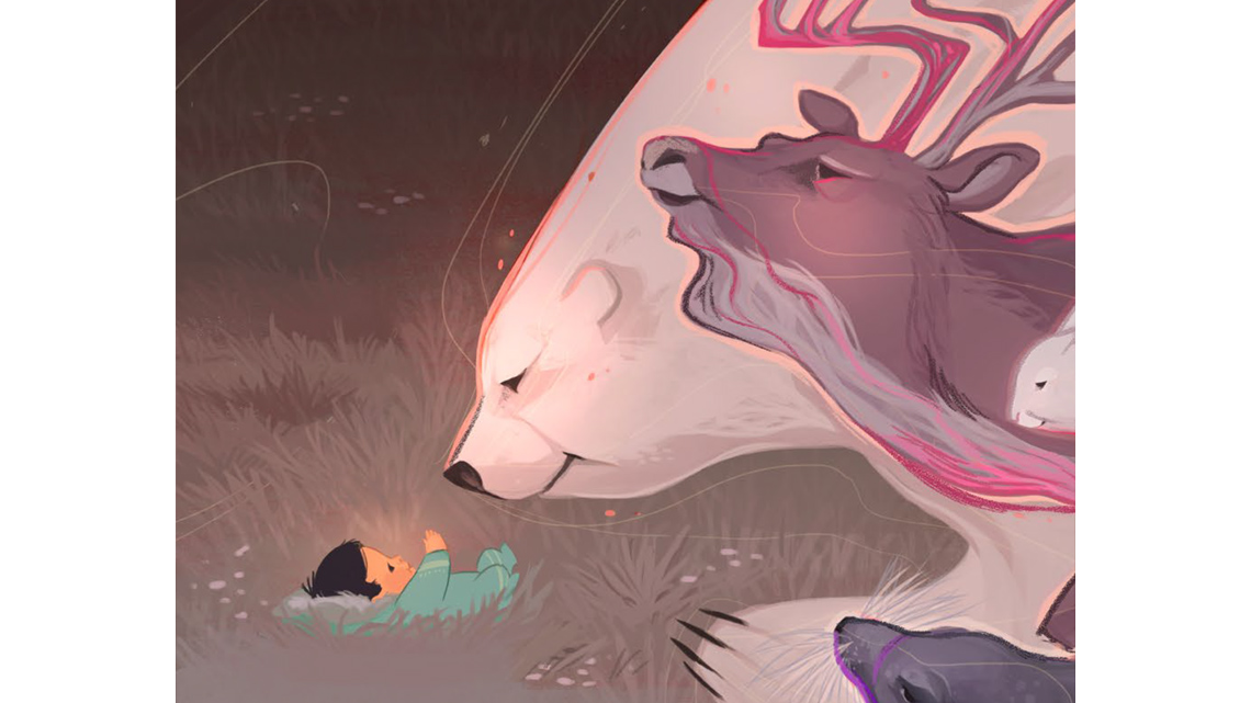 A polar bear, a deer, an Arctic hare, and a seal visit a baby.