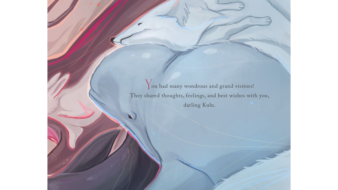A fox and a beluga whale visit a baby.