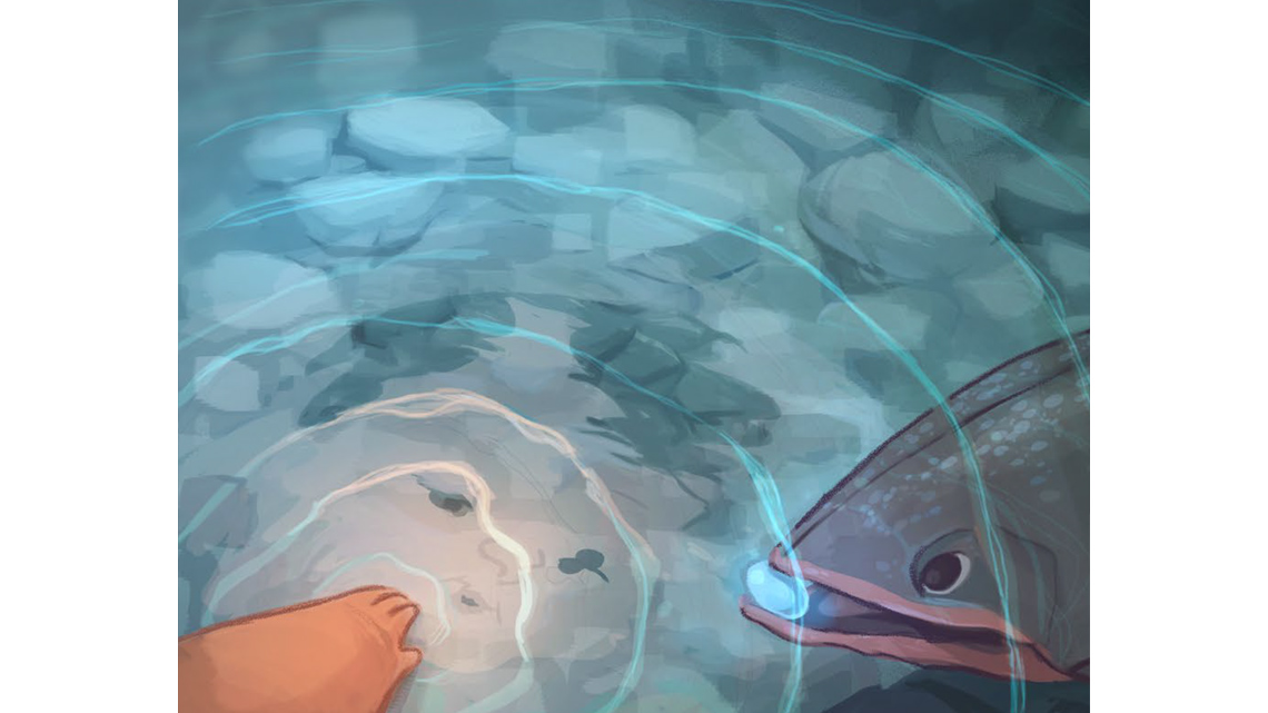 A baby looks at their reflection in the water as an Arctic char swims up to their hand.