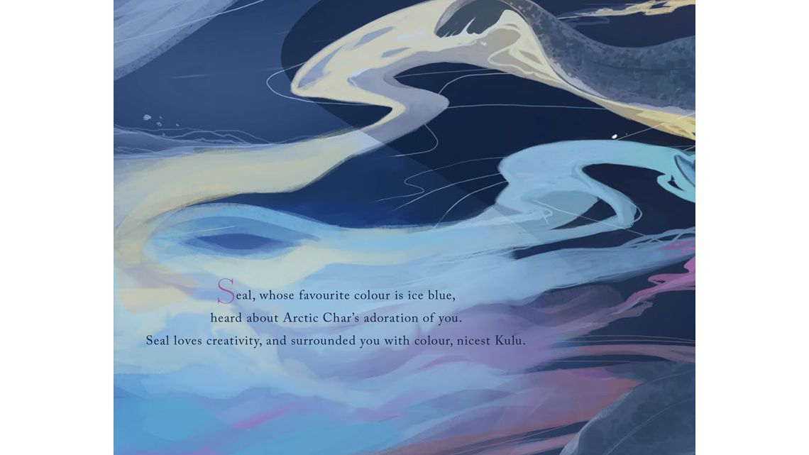 A close-up of a seal's tail surrounded by swirling colours.
