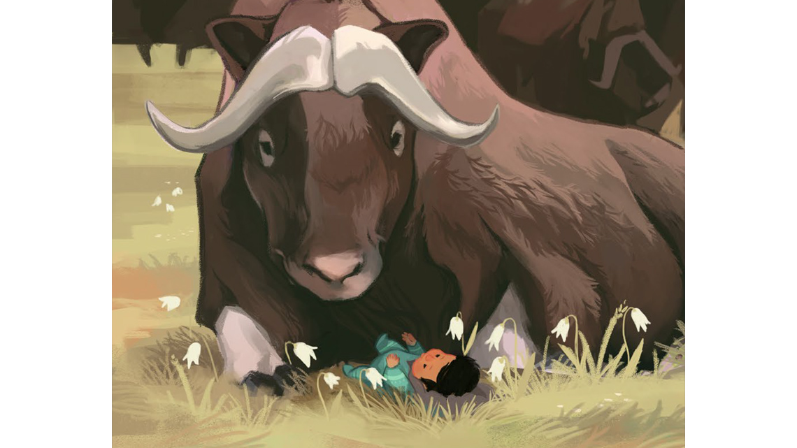 A muskox sits with a baby in a field.
