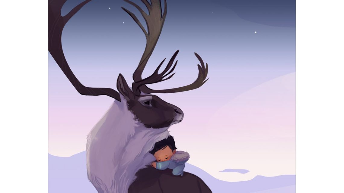 A baby sits on the back of a caribou.