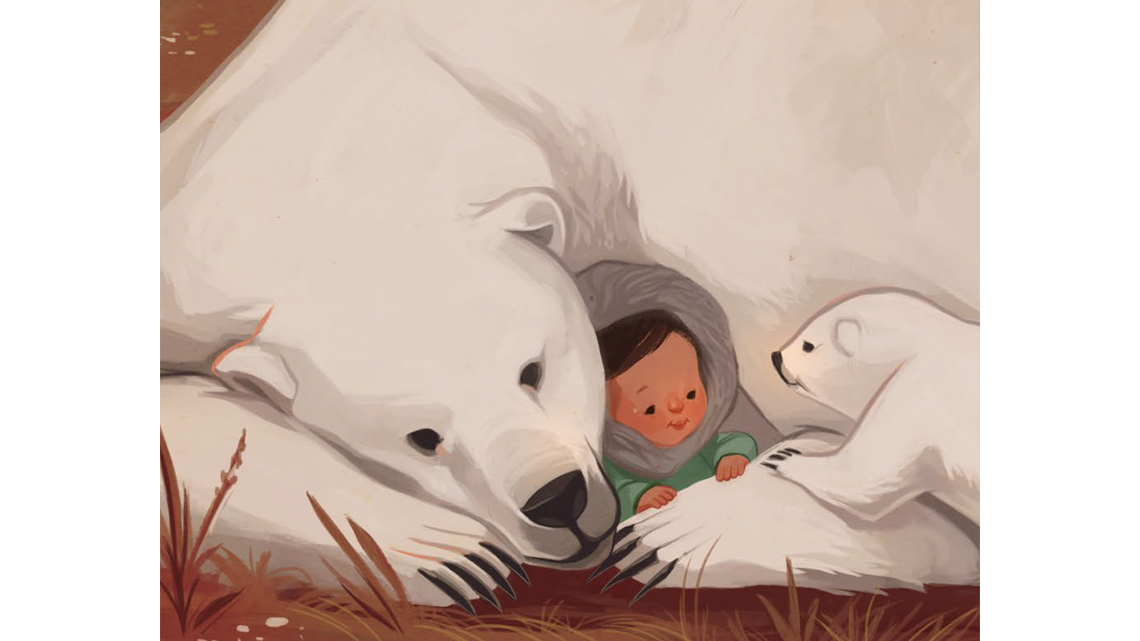 A baby cuddles with an adult polar bear while being visited by a baby polar bear.