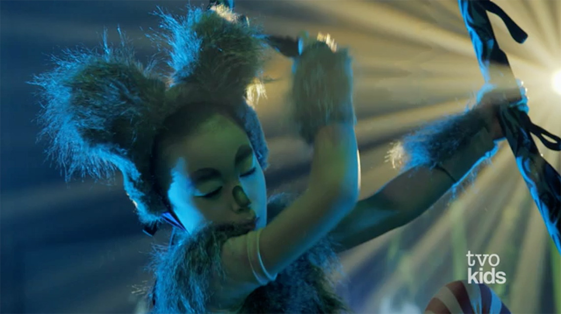 Ella is dressed as a koala bear and wakes up at the beginning of her performance.