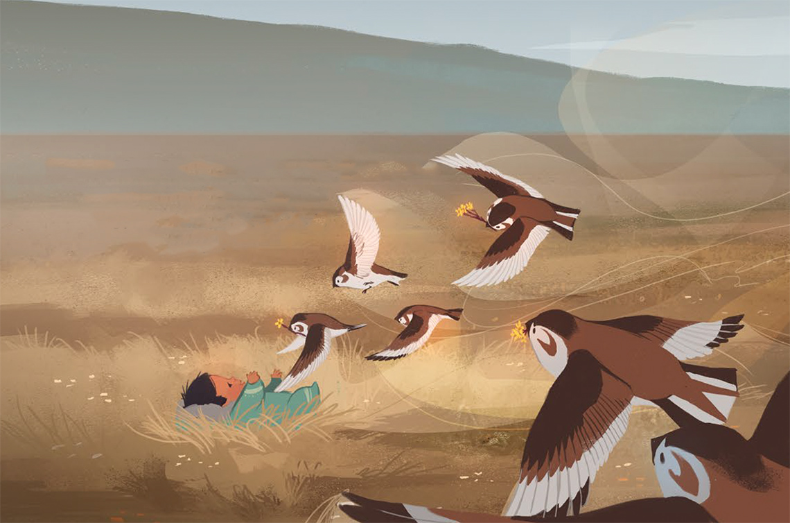 A flock of snow buntings bring flowers to a baby.