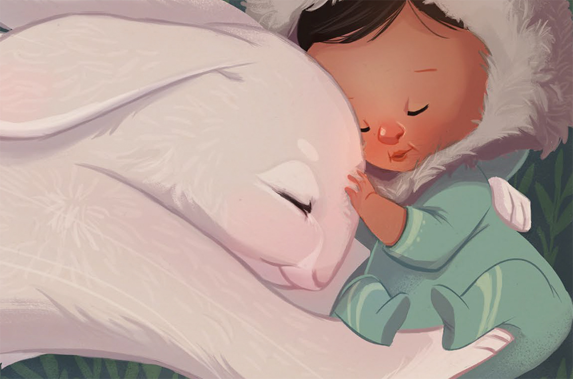An Arctic hare cuddling a baby.
