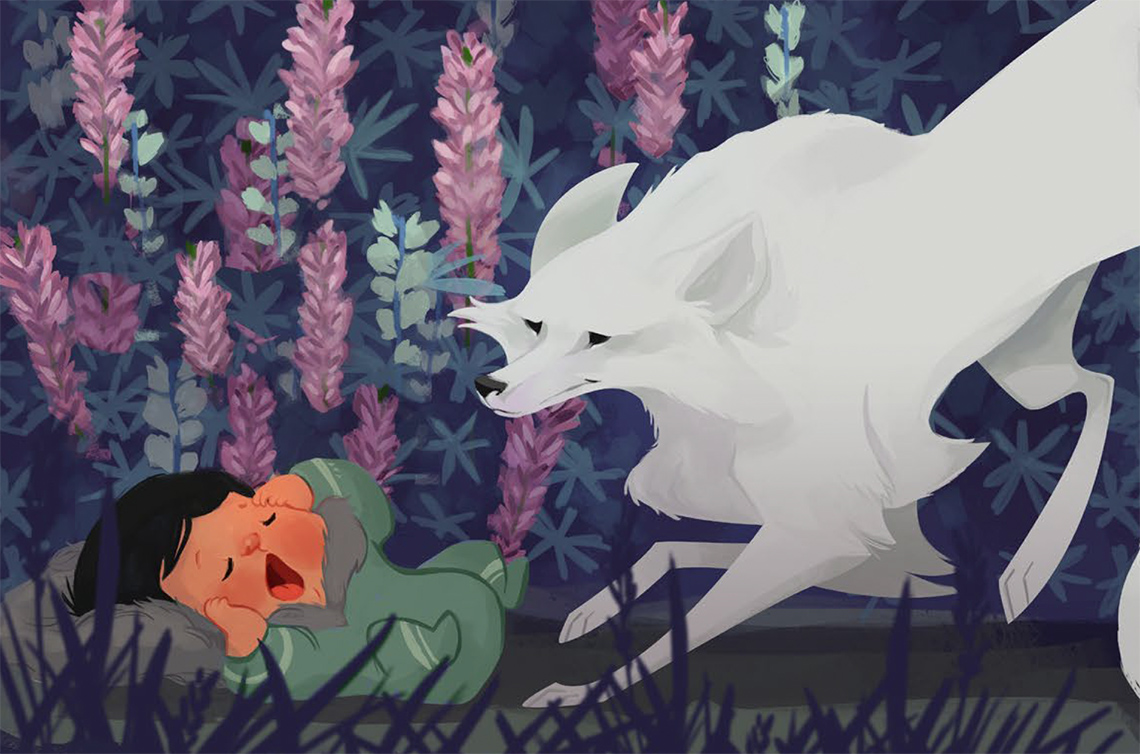A baby yawns while being visted by a fox.