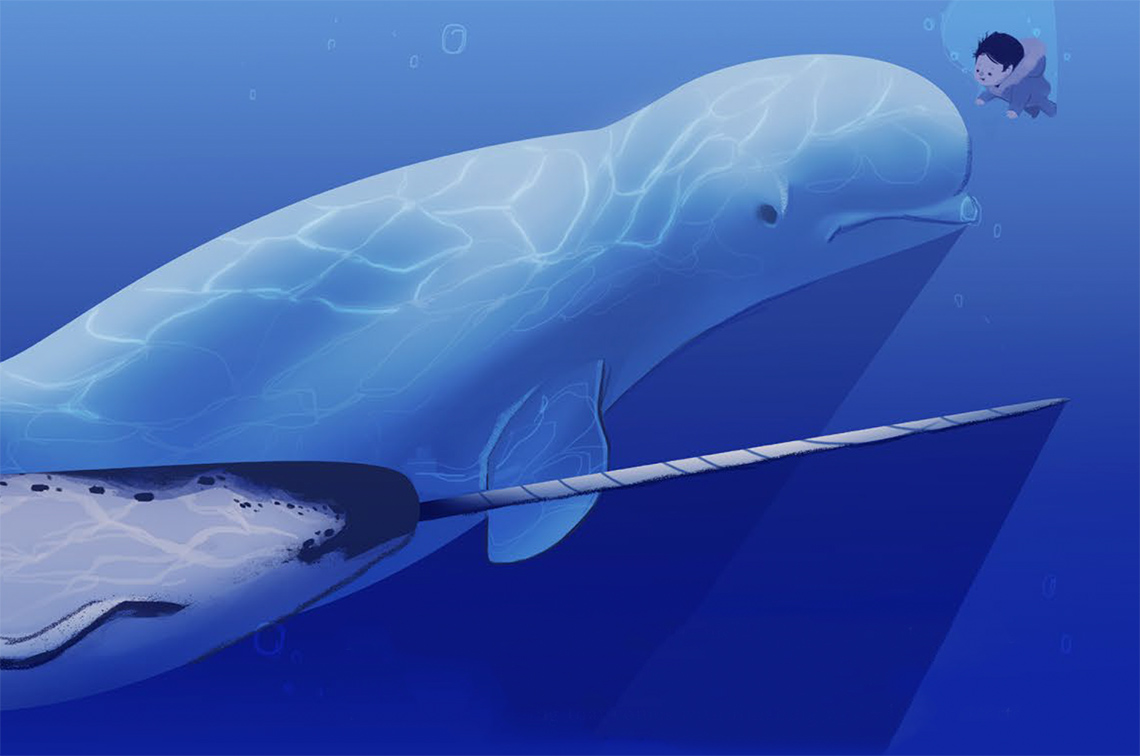 A beluga whale and a narwhal visiting a baby underwater.