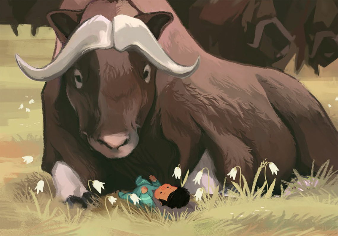 A muskox sits with a baby in a field.