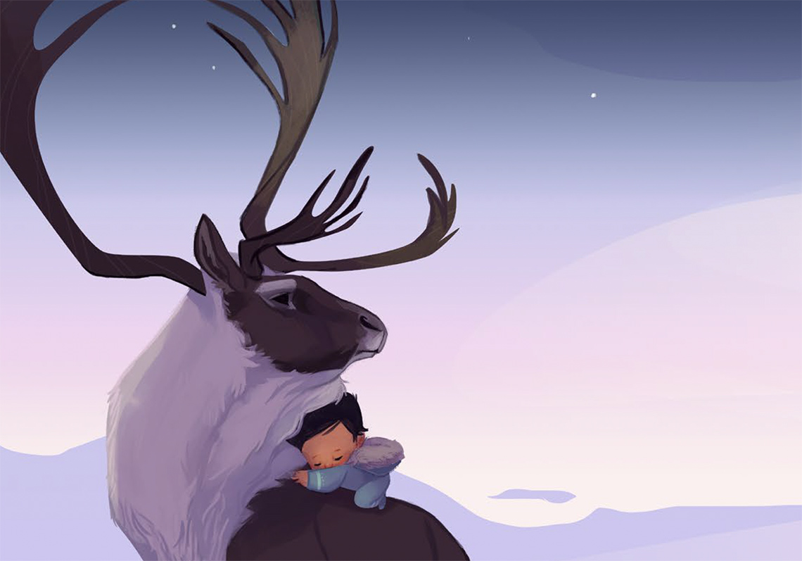 A baby sits on the back of a caribou.