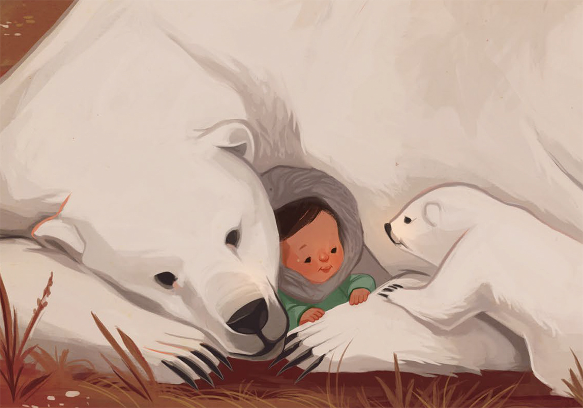 A baby cuddles with an adult polar bear while being visited by a baby polar bear.