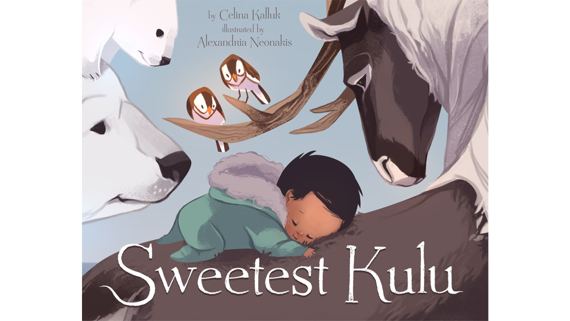 Cover of the book Sweetest Kulu The cover of the children's book, Sweetest Kulu. A child sleeps on a caribou while Arctic animals happily watch overhead.