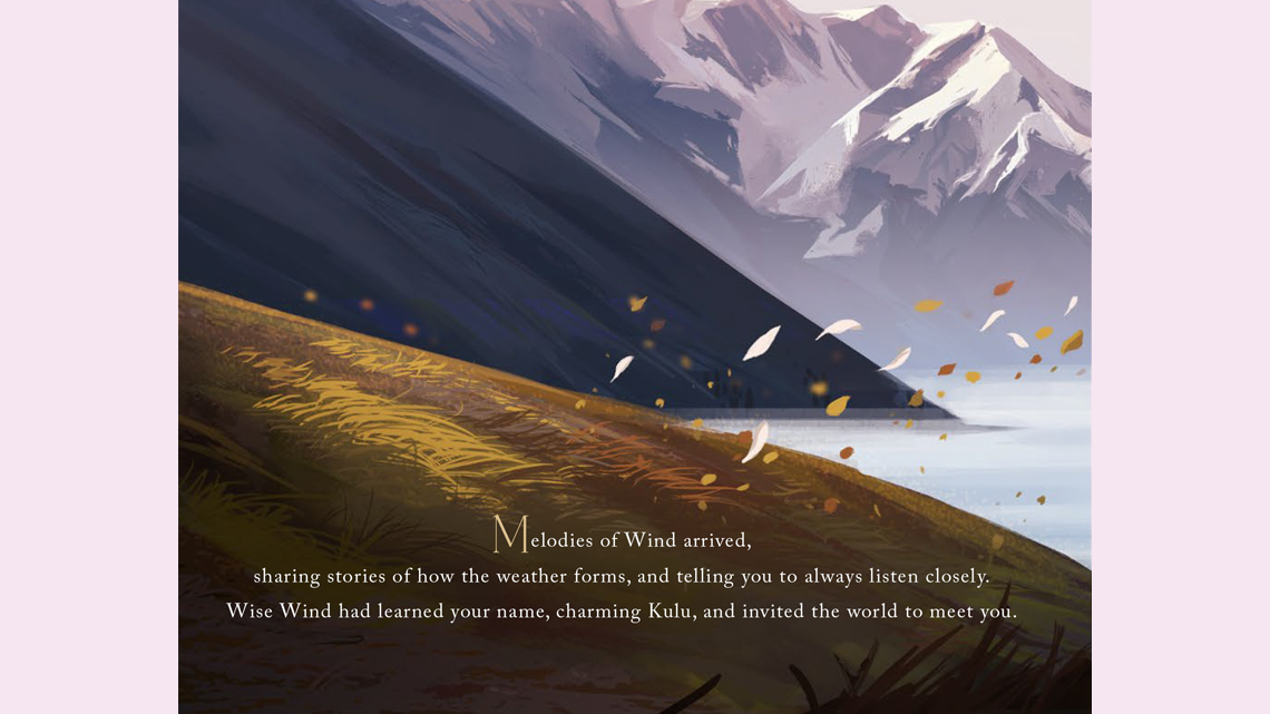 Some leaves and a field blowing in the wind. There are mountains in the background.