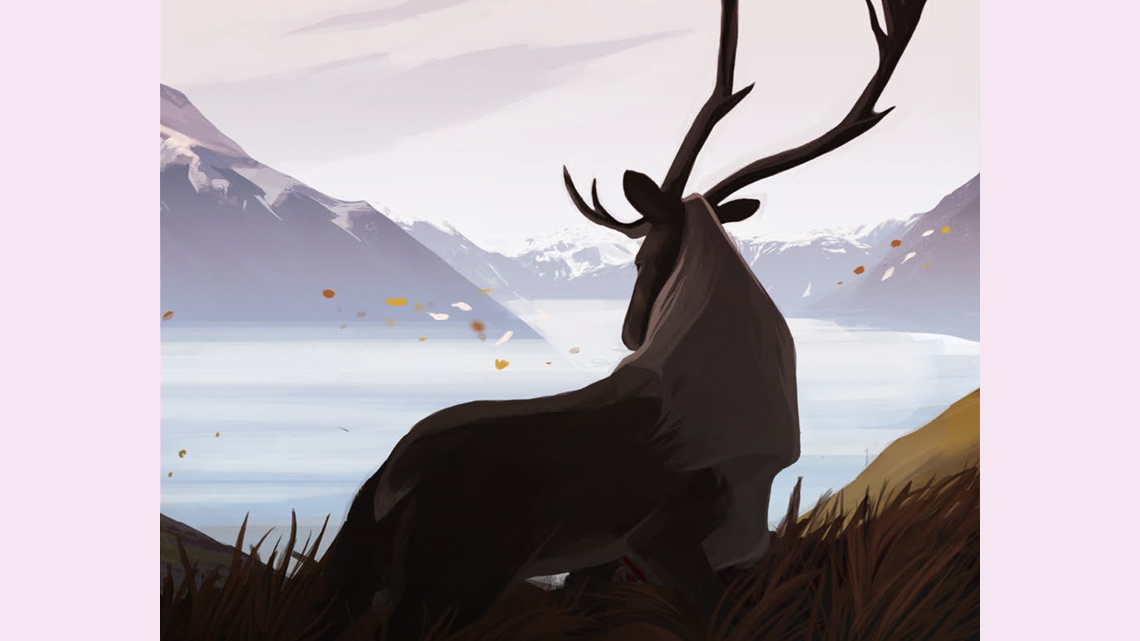 A deer gazing at a body of water and mountains while leaves blow in the wind.