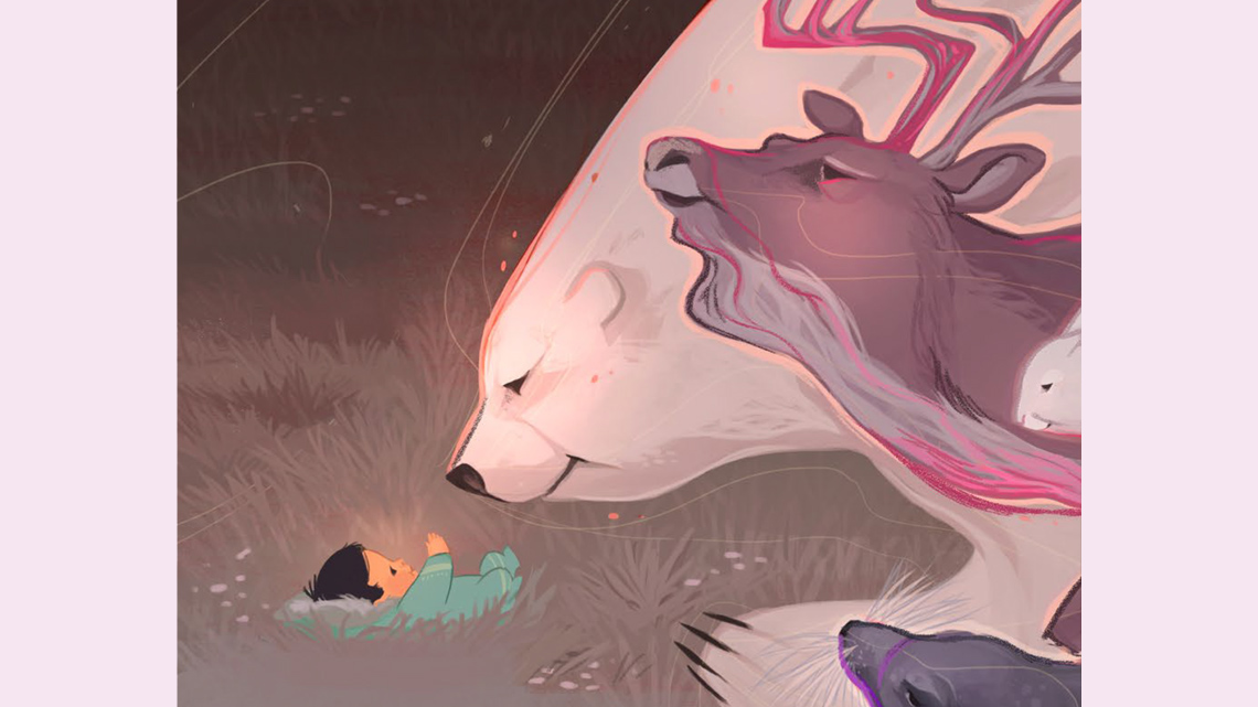 A polar bear, a deer, an Arctic hare, and a seal visit a baby.