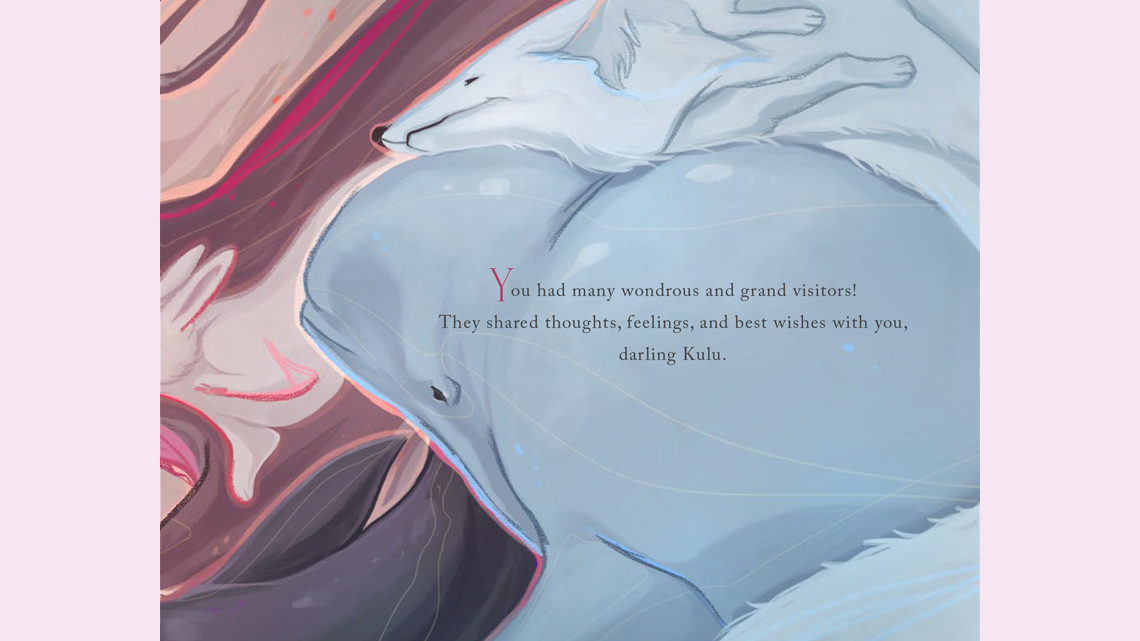 A fox and a beluga whale visit a baby.
