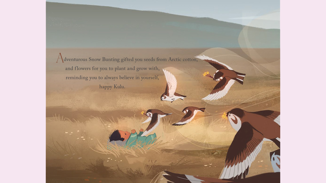 A flock of snow buntings bring flowers to a baby.