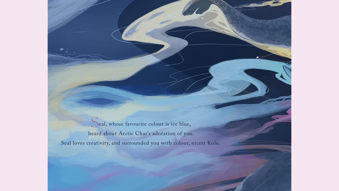 A close-up of a seal's tail surrounded by swirling colours.