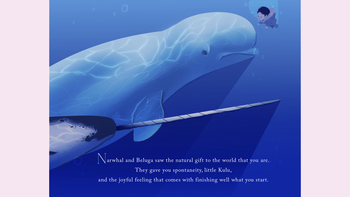 A beluga whale and a narwhal visiting a baby underwater.