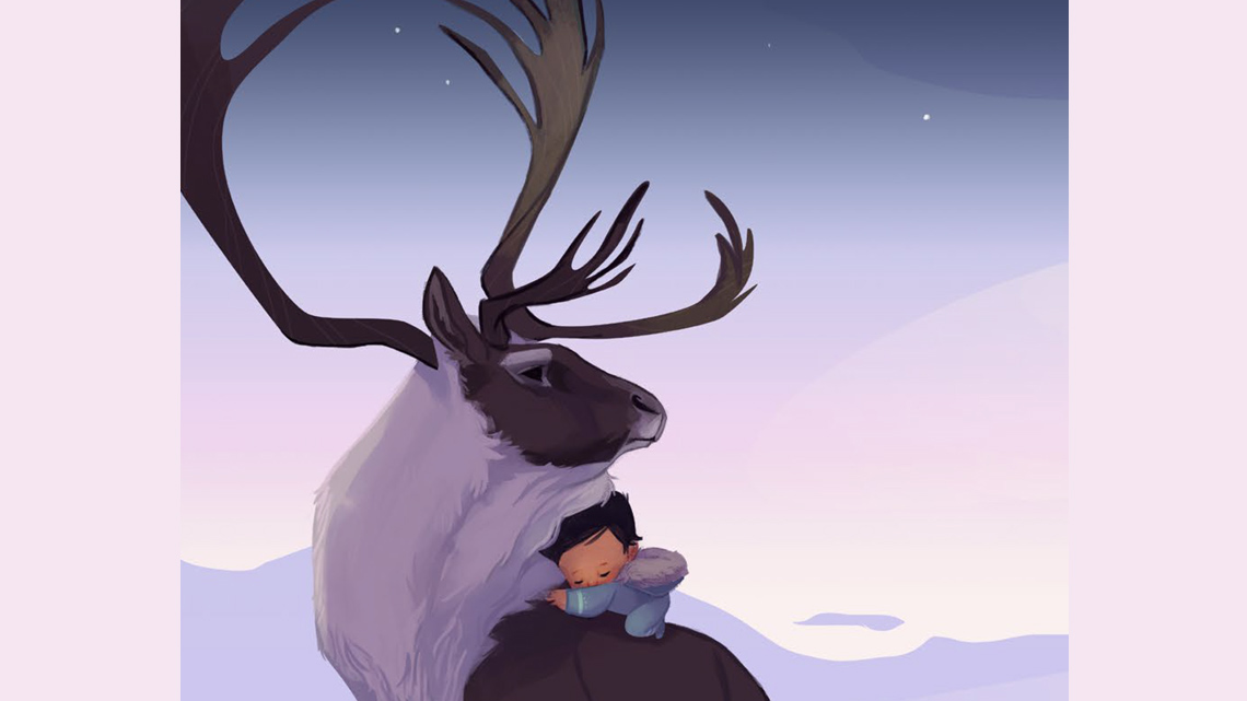 A baby sits on the back of a caribou.