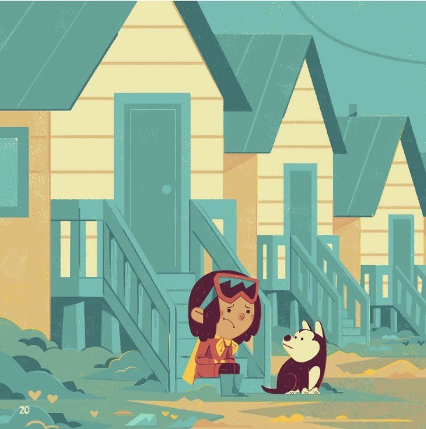 A little girl is frowning and sitting on the front steps of a house. A dog sits beside her.