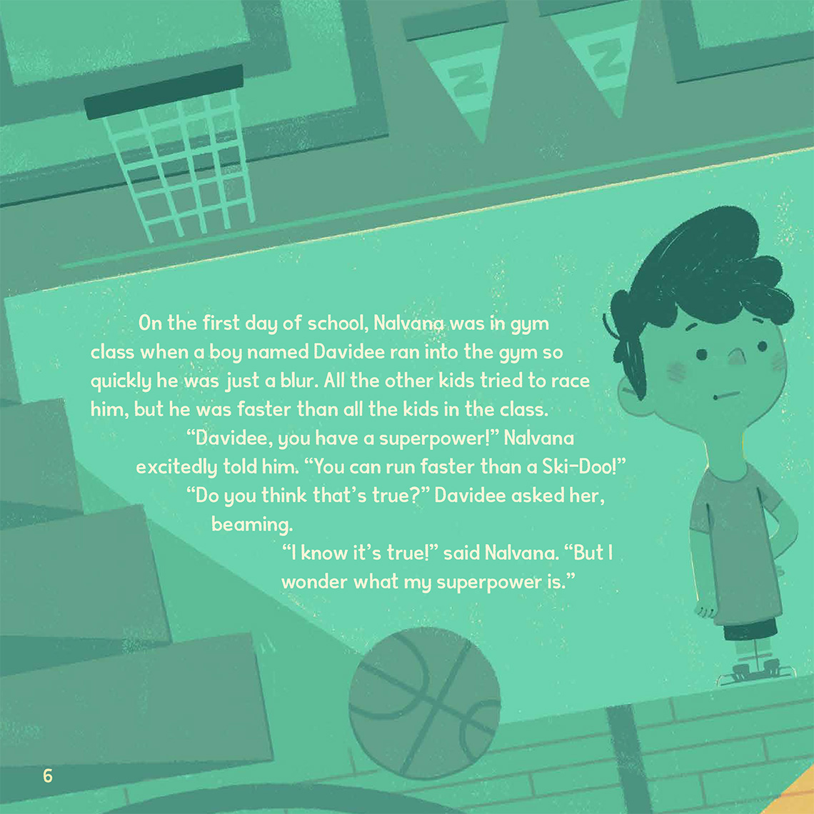 A child stands against the wall in a gym. There is a basketball on the floor.