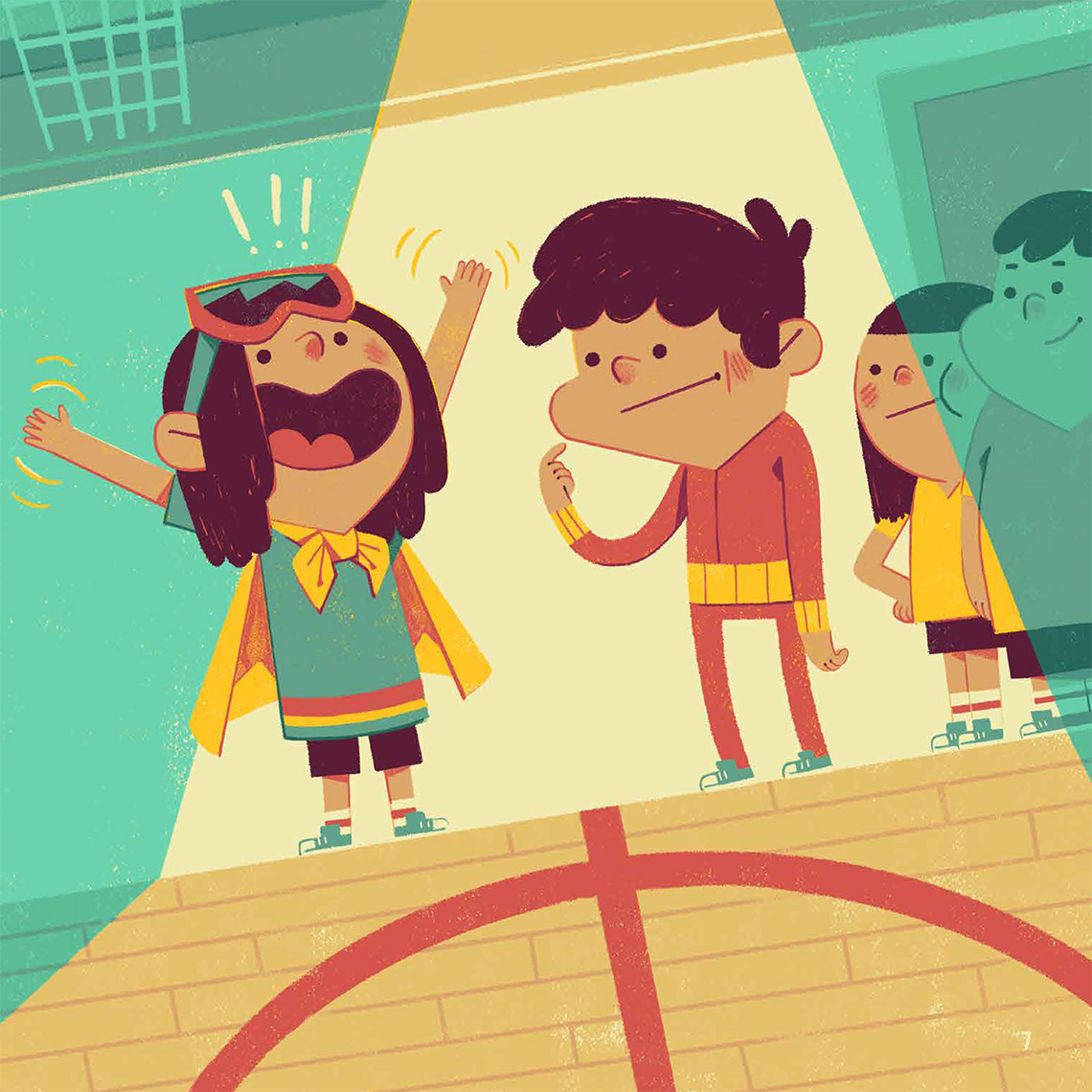 A little girl pumps her arms in the air and talks excitedly with a boy.