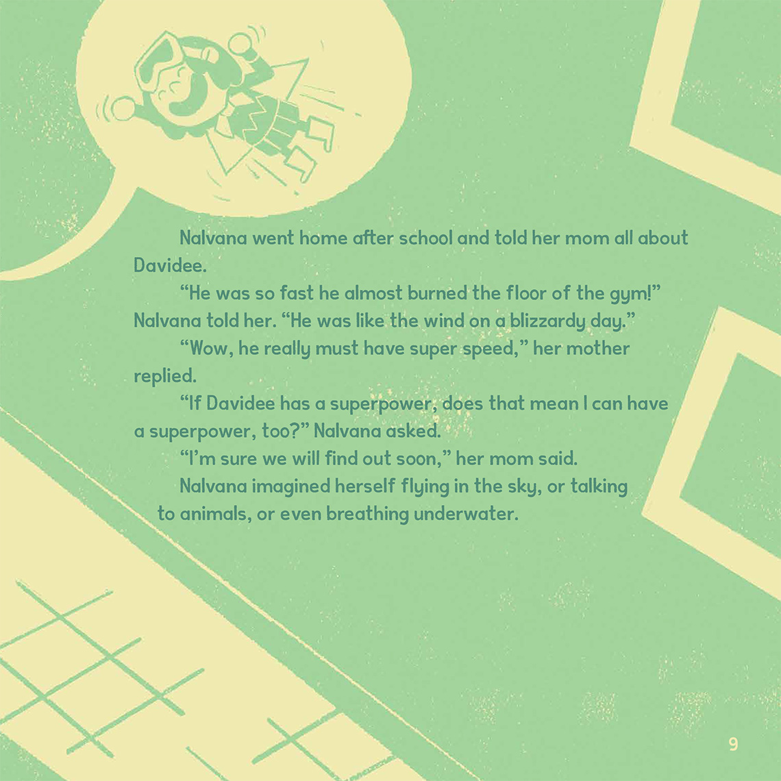 A little girl imagines herself flying.