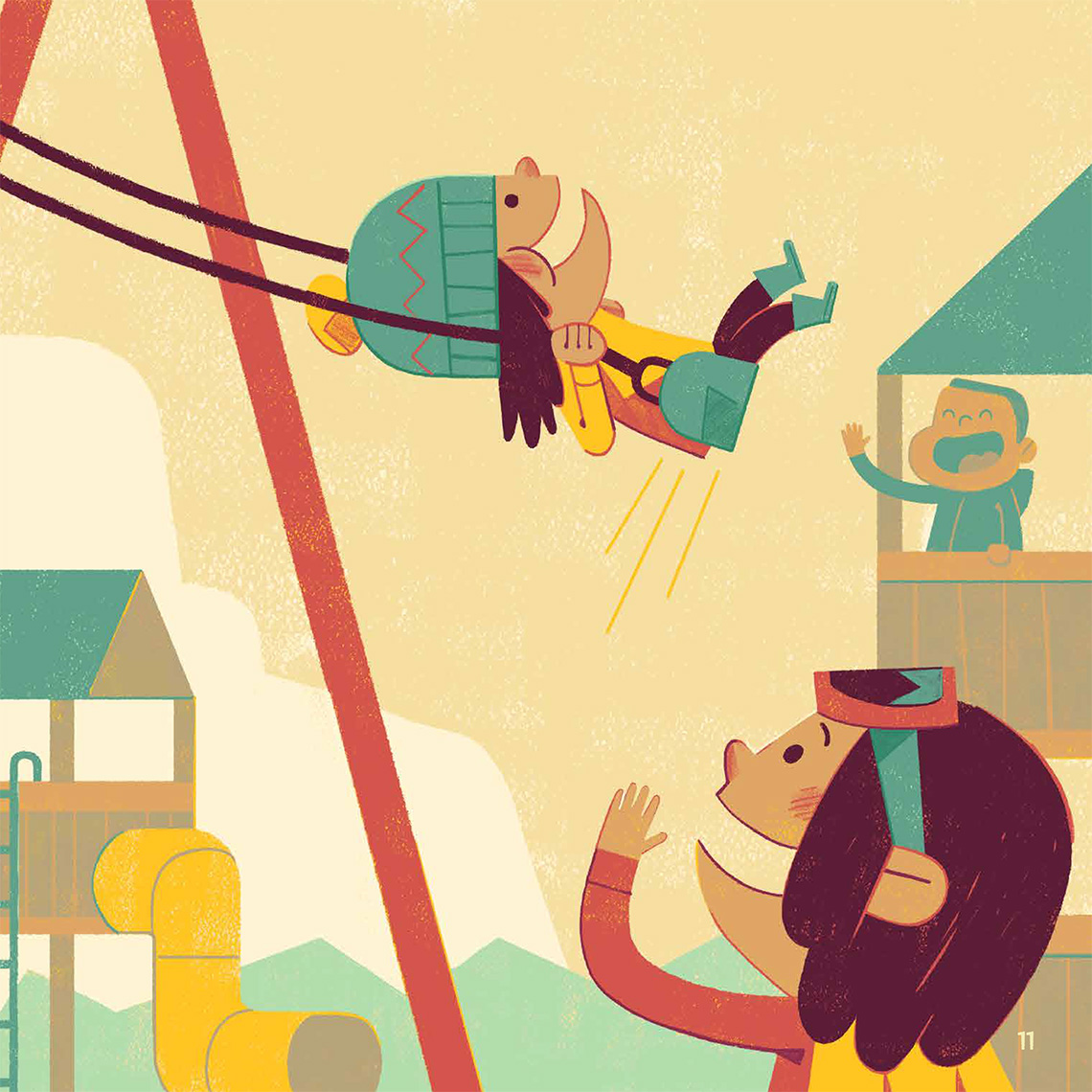 A little girl swings high on the swingset while another little girl cheers her on.