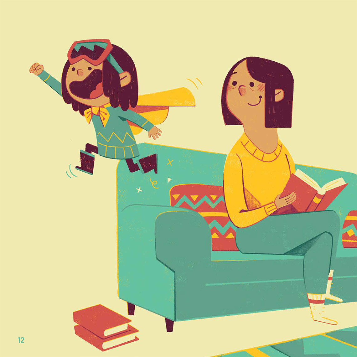 A little girl jumps off a sofa while an adult watches and smiles.