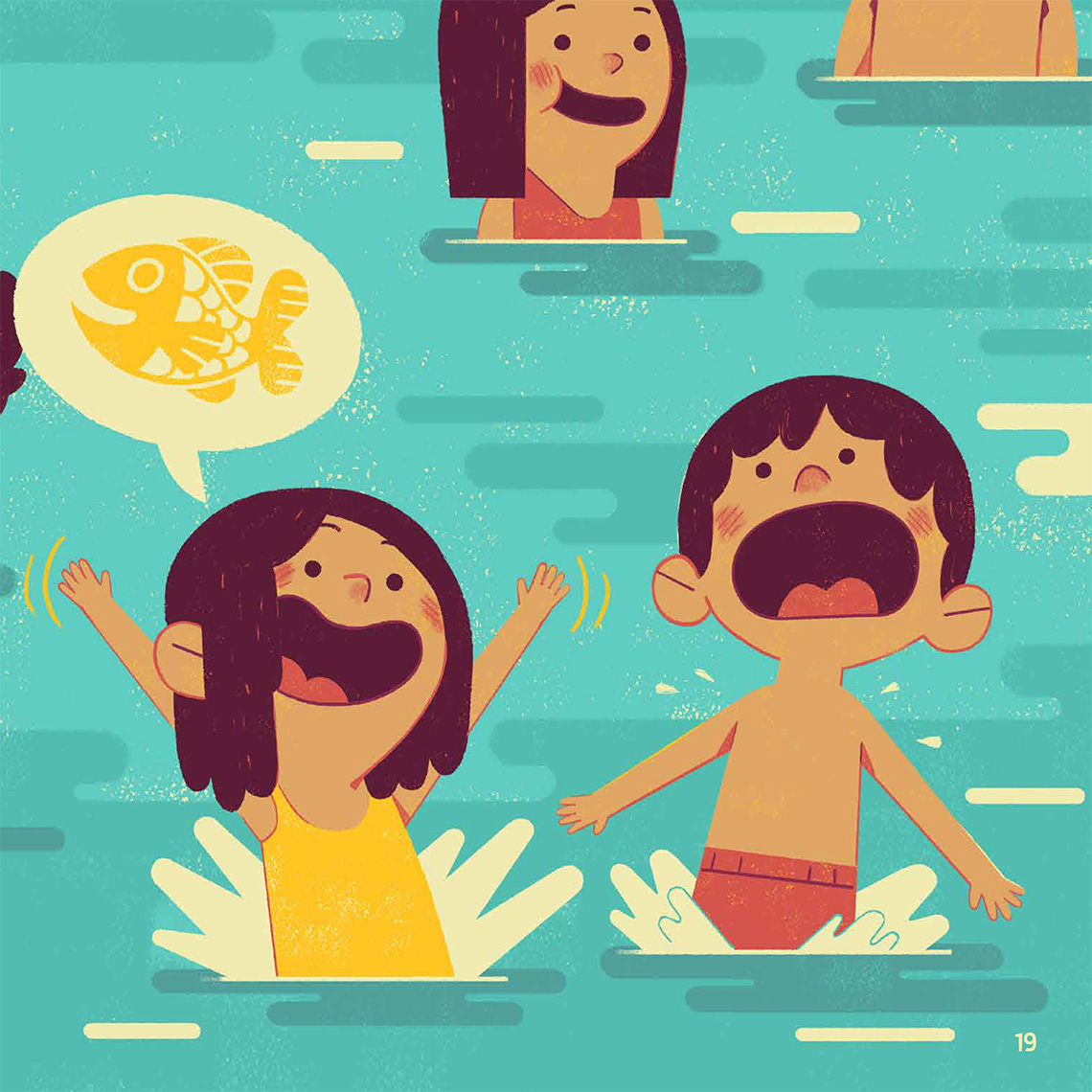 Some children holding their breath in a swimming pool and imagining they are fish.