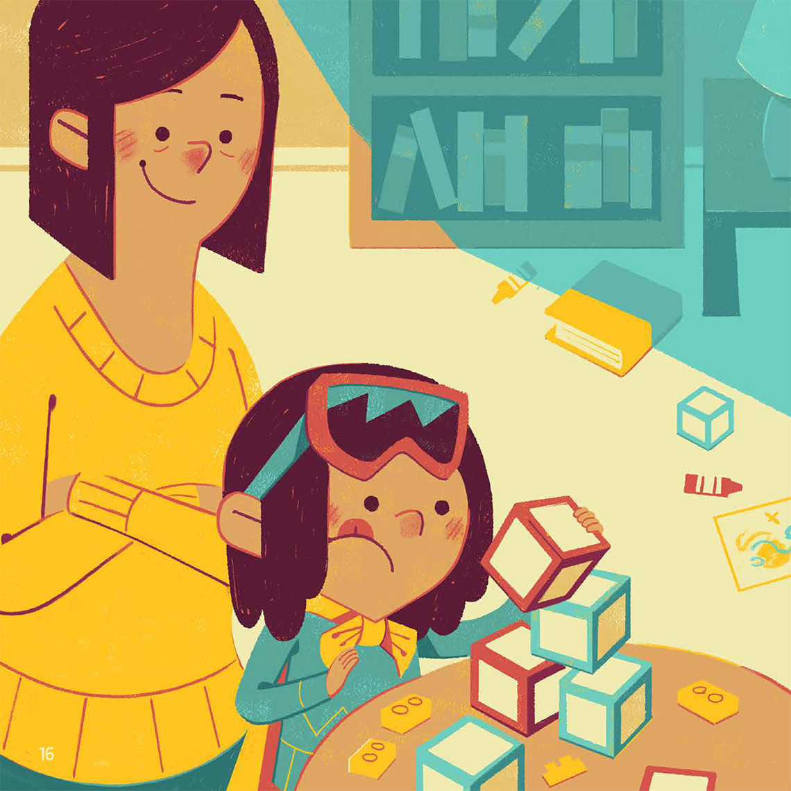 A little girl plays with building blocks while an adult looks on.