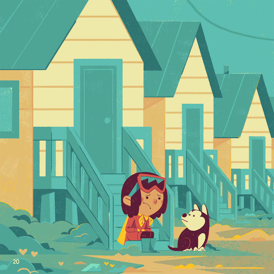 A little girl is frowning and sitting on the front steps of a house. A dog sits beside her.