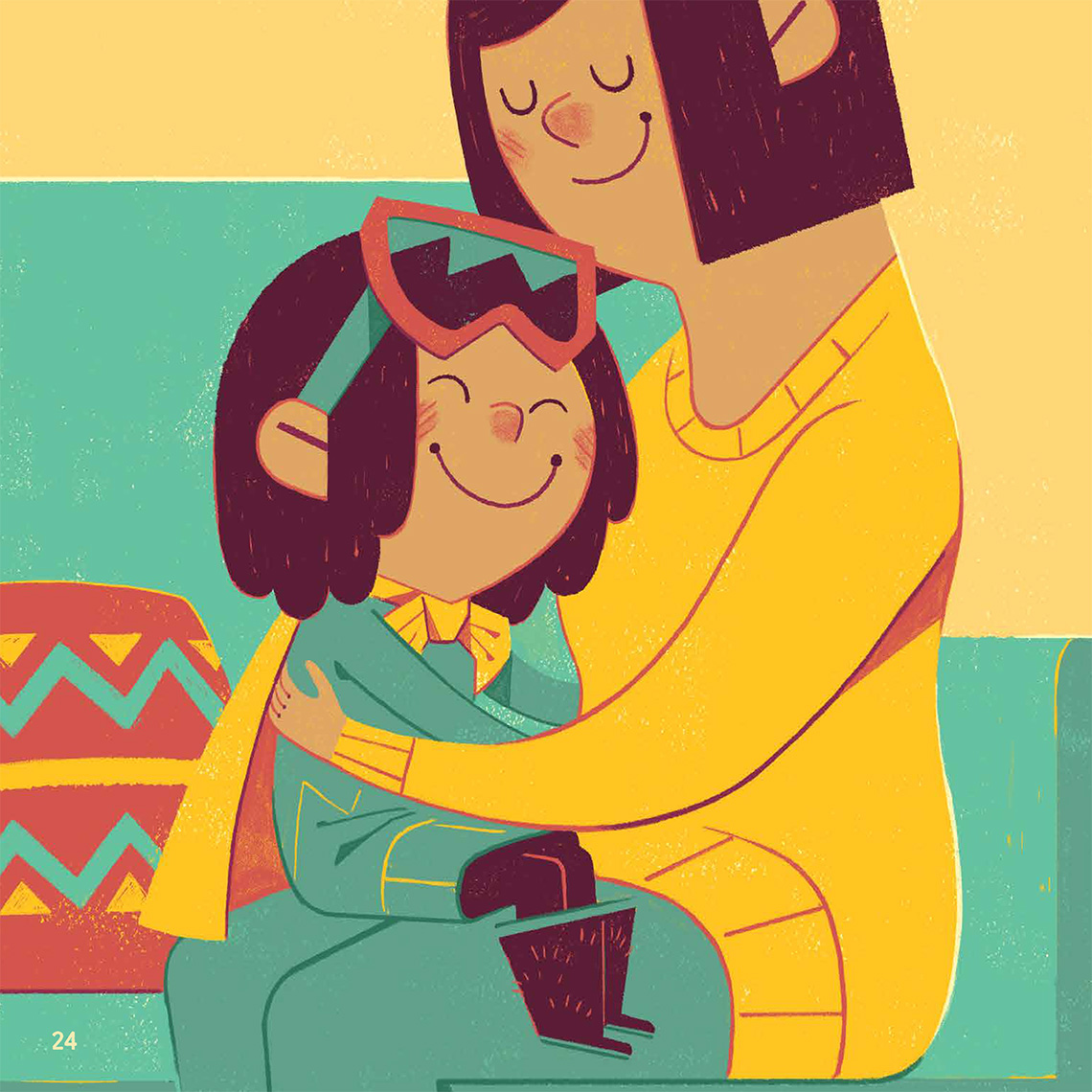 A little girl sits on the lap of an adult. She is hugging the adult and smiling.